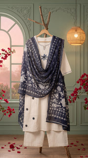 Roshini White Mirror Work Indigo Print Kurta Set